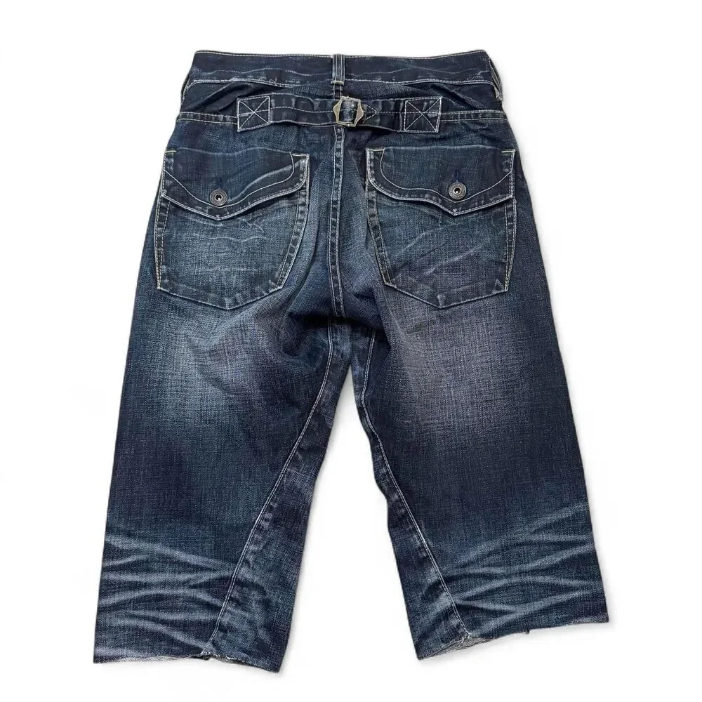 Y2K Back Number Japanese Denim Buckle Back Capri Jeans Gyaru Dark Wash Grunge - Picture 5 of 7